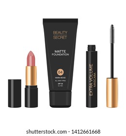 Set of decorative cosmetics. Lipstick, foundation and mascara.