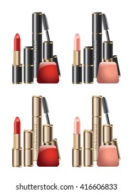 Set of decorative cosmetics for makeup. Mascara, red and pink lipstick, nail polish on a white background.