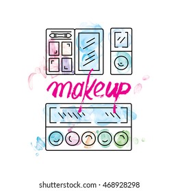 Set of Decorative cosmetics for makeup in a outline watercolor style. Makeup eye decorative cosmetics watercolor outline. Makeup vector background.