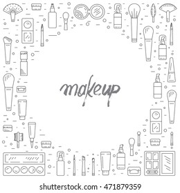Set of Decorative cosmetics for makeup in a outline style.