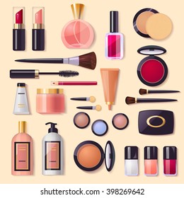 Set of decorative cosmetics, makeup, perfume and brushes, poster for beauty  & fashion store