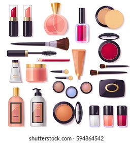 Set of decorative cosmetics, makeup, perfume and brushes, vector illustration