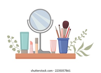 En el estante encontrarás un juego de cosméticos decorativos y un espejo. ilustración vectorial