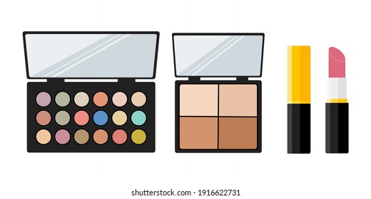 Set of decorative cosmetics: palette with eyeshadow, powder and lipstick. Vector flat illustration. Collection cosmetics for face isolated on white background.