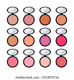 Set of decorative cosmetics: palette with shadows, blush. Vector flat illustration. Collection of shadows in a round packaging container on white background.