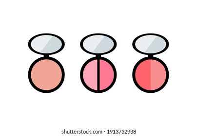 Conjunto de cosméticos decorativos: paleta con sombras, rubor. Ilustración plana vectorial. Colección de sombras en un envase redondo sobre fondo blanco.