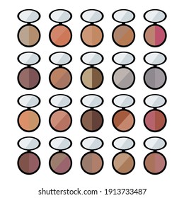 Set of decorative cosmetics: palette with shadows, blush. Vector flat illustration. Collection of shadows in a round packaging container on white background.