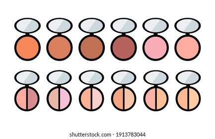 Set of decorative cosmetics: palette with shadows, blush. Vector flat illustration. Collection of shadows in a round packaging container on white background.