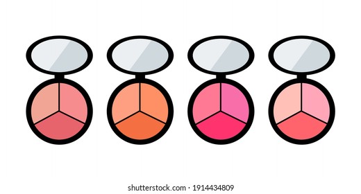 Set of decorative cosmetics: palette with shadows, blush. Vector flat illustration. Collection of shadows in a round packaging container on white background.