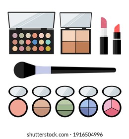 Set of decorative cosmetics: palette with shadows, blush, powder, lipstick and makeup brush. Vector flat illustration. Collection cosmetics for face isolated on white background.