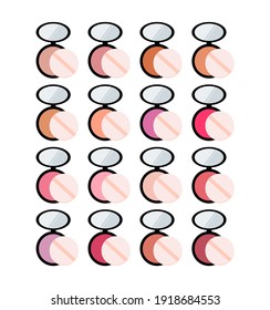 Set of decorative cosmetics: palette with shadows, blush. Vector flat illustration. Collection of shadows in a round packaging container on white background.