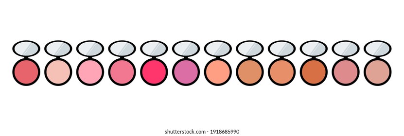 Set of decorative cosmetics: palette with shadows, blush. Vector flat illustration. Collection of shadows in a round packaging container on white background.