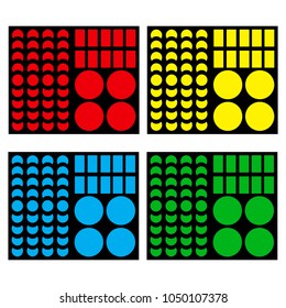 A set of decorative cosmetics in red, yellow, blue and green color.