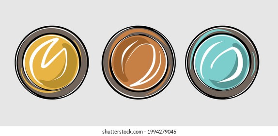 Ein Set dekorativer Kosmetik. Runde Schattenpaletten. Illustration im Stil einer Modeskizze von Hand.