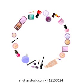 Set of decorative cosmetics in round shape with space for text, vector flat illustration, makeup. Beauty store, shop