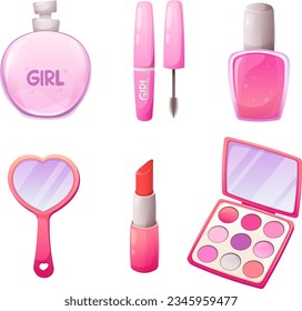 Set of decorative cosmetics in trendy pink color. Cosmetics for girls, princesses, dolls. Nostalgic pinkcore 2000s style. Vector illustration in cartoon style, garish vector