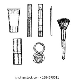 Set of decorative cosmetics, tube of foundation, mascara, concealer, pencil, lipstick, eye shadow and makeup brush, vector illustration, sketch