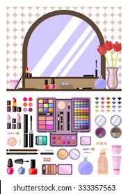 Set of decorative cosmetics, vector flat illustration, ladies table, make-up case. Beauty store, shop, vector illustration