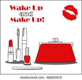 Set of decorative cosmetics. Vector sketch for banners, brochures and promotional items. Makeup artist business card. Flat icon of cosmetics product. Red Lipstick sketch