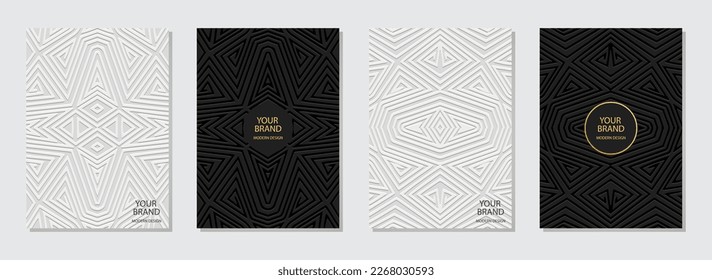 Set of decorative covers, vertical templates. Collection of relief geometric backgrounds with 3D pattern, press paper. Themes of the East, Asia, India, Mexico, Aztecs, Peru. Ethnic boho motifs.