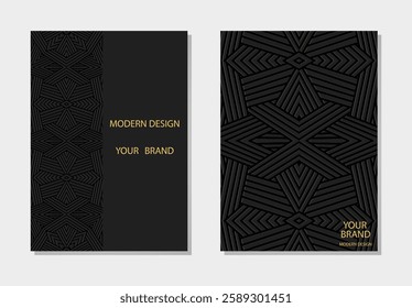 Set of decorative covers, vertical templates. Collection of relief, geometric 3D backgrounds, embossing. Mandala, arabesques, logo. Ethnic ornaments and patterns of the East, Asia, India, Mexico.
