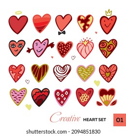 Set of decorative creative cartoon hearts isolated on white. Collection of doodle abstract cute Valentine's day symbols for postcards, posters, stickers, wall decor. Signs of love. Vector illustration