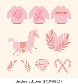 Conjunto de elementos decorativos de estilo ponto cruz, incluindo um suéter, diamante, cavalo, cão, galhos e pirulitos, inspirado em bordados tradicionais