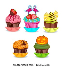 Set of decorative cupcakes with fruits, cream, and berries