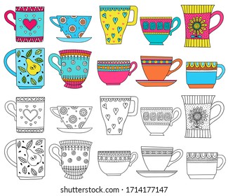 Set with decorative cups. Color and contour drawing. Vector illustration for printing, coloring, and other design elements.
