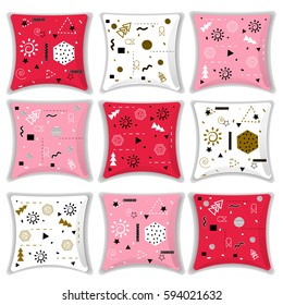 Set of decorative cushions with geometric shapes. Pillow abstraction , in different colors. Vector illustration. 