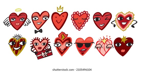 Set of decorative cute red hearts with eyes and lips. Collection of symbols for Valentine's Day with emotions for the decoration of cards, posters, stickers. Love sign. Cartoon vector illustration