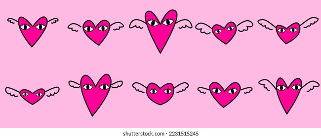 Set of decorative cute red hearts with eyes. Valentine's day, love concept. Repeatable vector design for wrapping, stationery and fabric. Trendy hand-drawn hearts.