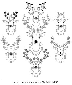 Set of decorative deer heads trophies. Vector.