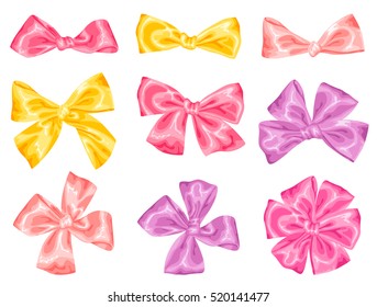 Set von dekorativen zarten Satin Geschenkbögen und Bänder.