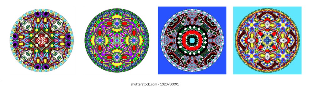 set of decorative design of circle dish template, round geometric pattern, kalamkari style vector illustration