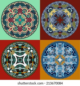set of decorative design of circle dish template, round geometric pattern collection, vector illustration