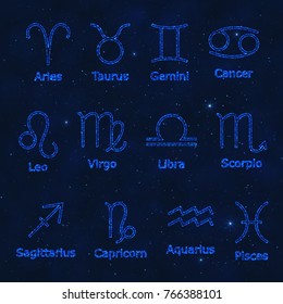 Set of Decorative Design Elements Blue Zodiac Signs on Starry Sky. Figures for Horoscope with Light Effect.