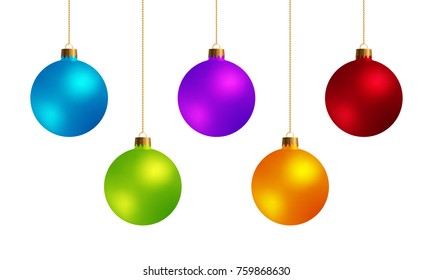 Set of Decorative Design Elements Christmas Balls Isolated on White Background. Kit of Green, Yellow, Red, Blue, Violet New Year Baubles.