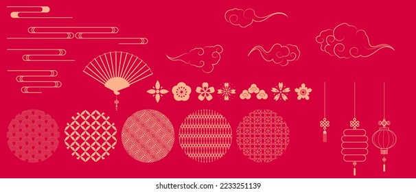 Set of decorative design elements collection of Chinese patterns, lanterns, flowers, clouds, ornaments in Chinese style on red background.