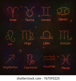 Set of Decorative Design Elements Fiery Zodiac Signs on Starry Sky. Figures for Horoscope with Twinkle Effect.