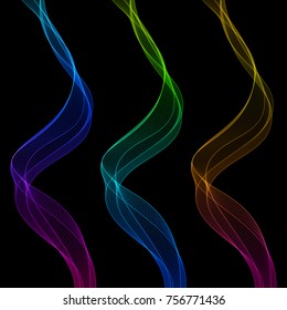 Set of Decorative Design Elements Gradient Waved Lines Isolated on Dark Background. Smooth Wavy Horizontal Curved Lines.