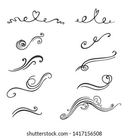 Set of decorative design elements. Hand-drawn curls. Vector scroll embellishment on white.