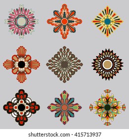 Set of decorative design elements isolated on grey background. Color flowers, snowflakes, abstract floral pattern, star, sun. Vector logo, emblem, sign, stick figures. Floral ornament. Design template