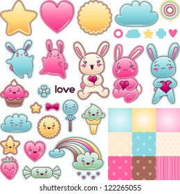 Set of decorative design elements with kawaii doodles.