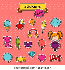 Set of decorative design elements kawaii doodles.