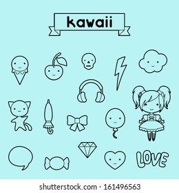 Set of decorative design elements kawaii doodles.