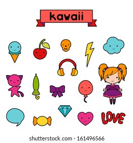 Set of decorative design elements kawaii doodles.