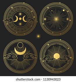 Set of decorative design elements. Moon, sun, planets and stars. Vector templates.