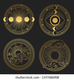 Set of decorative design elements. Moon, sun, planets and stars. Vector templates.