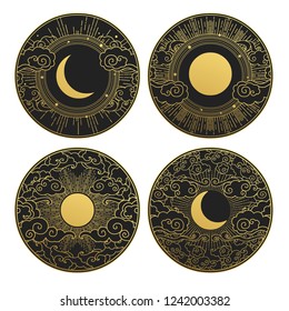 Set of decorative design elements. Moon, sun, clouds. Vector templates.